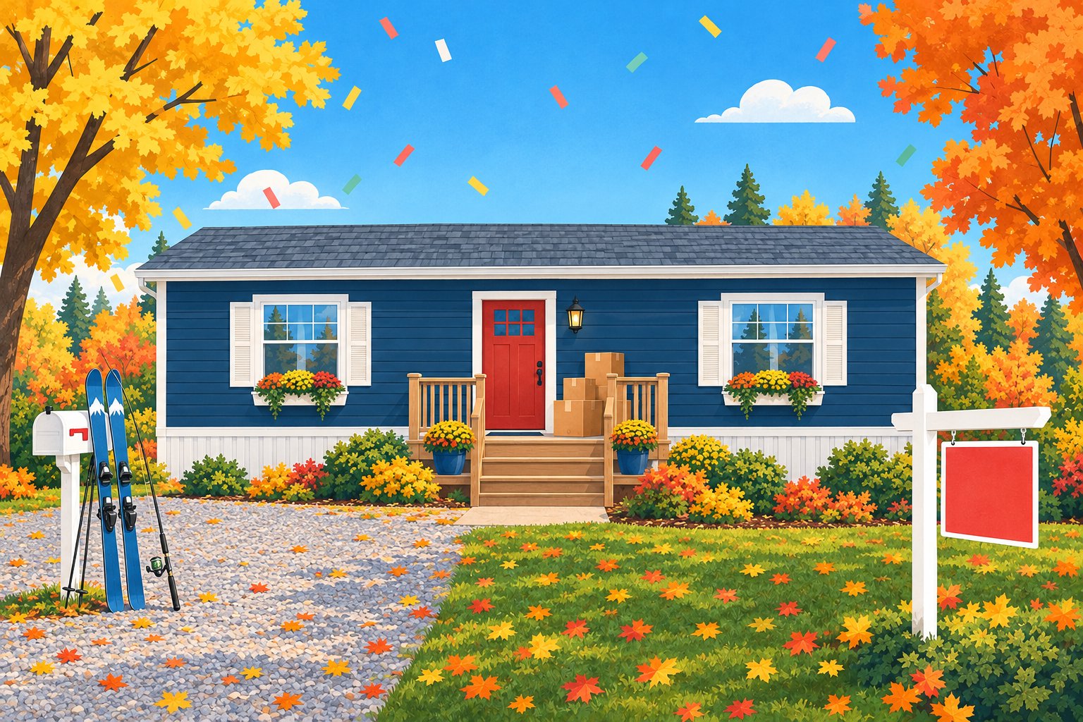 Illustration of a navy manufactured home in autumn with moving boxes on the front deck and skis leaning on the mailbox