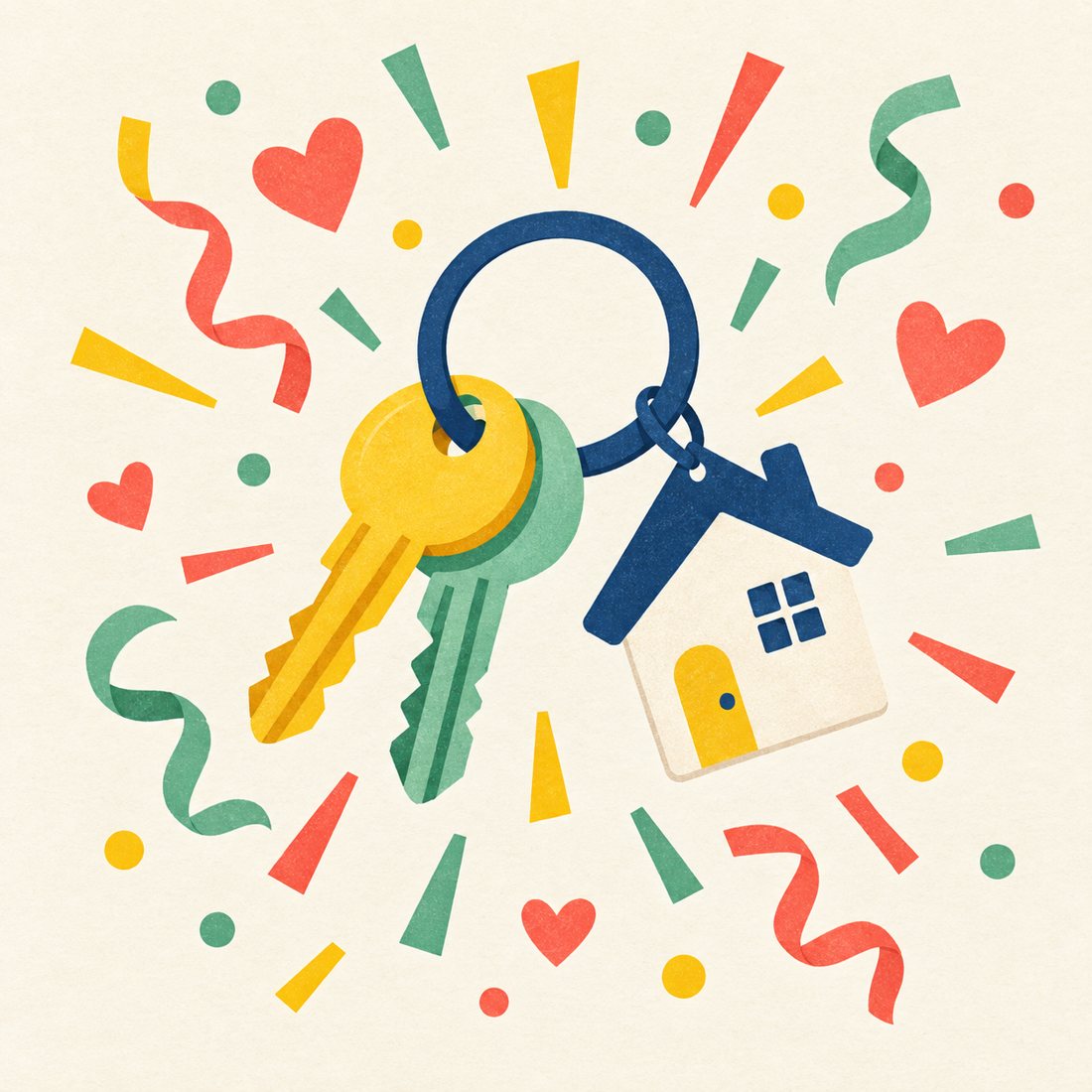 Illustration of house keys surrounded by confetti