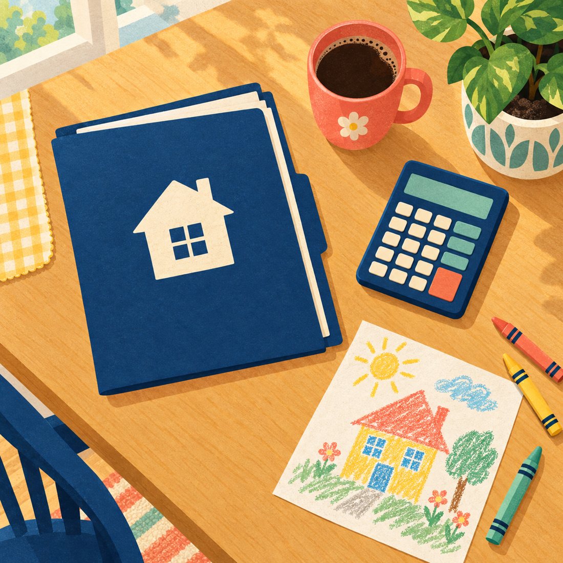 Illustration of a kitchen table with paperwork, a calculator, coffee and a drawing of a house